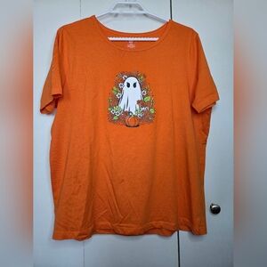 ☀️Halloween Women's L Orange Cute Ghost with Flowers Graphic Tee